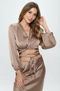 Silky Satin Wrap Crop Top (Dune)